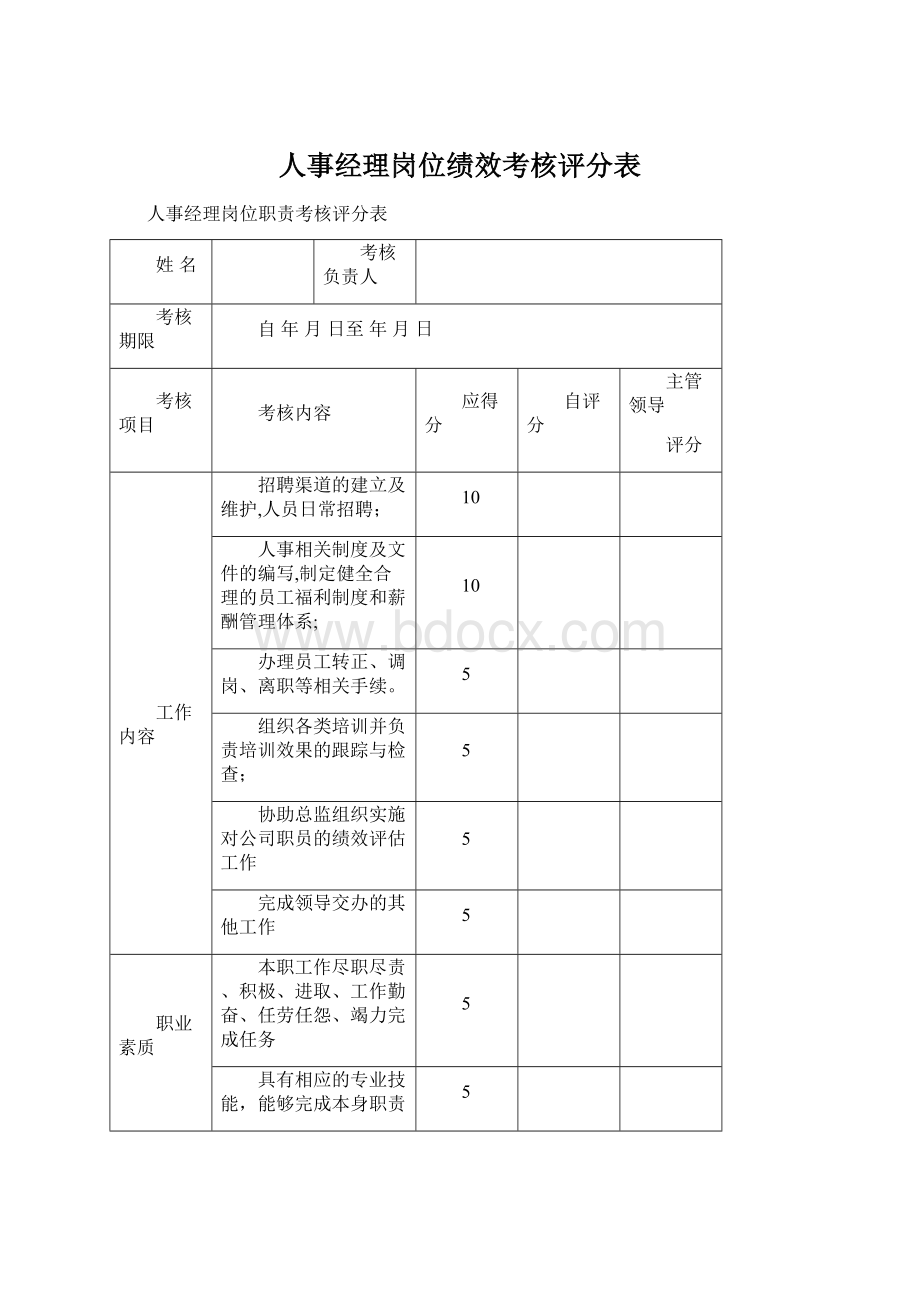 人事经理岗位绩效考核评分表.docx