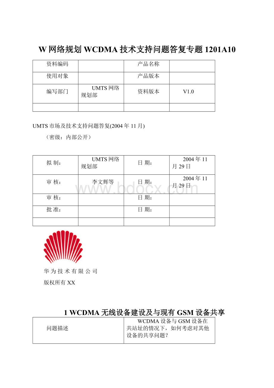 W网络规划WCDMA技术支持问题答复专题1201A10Word文档格式.docx_第1页