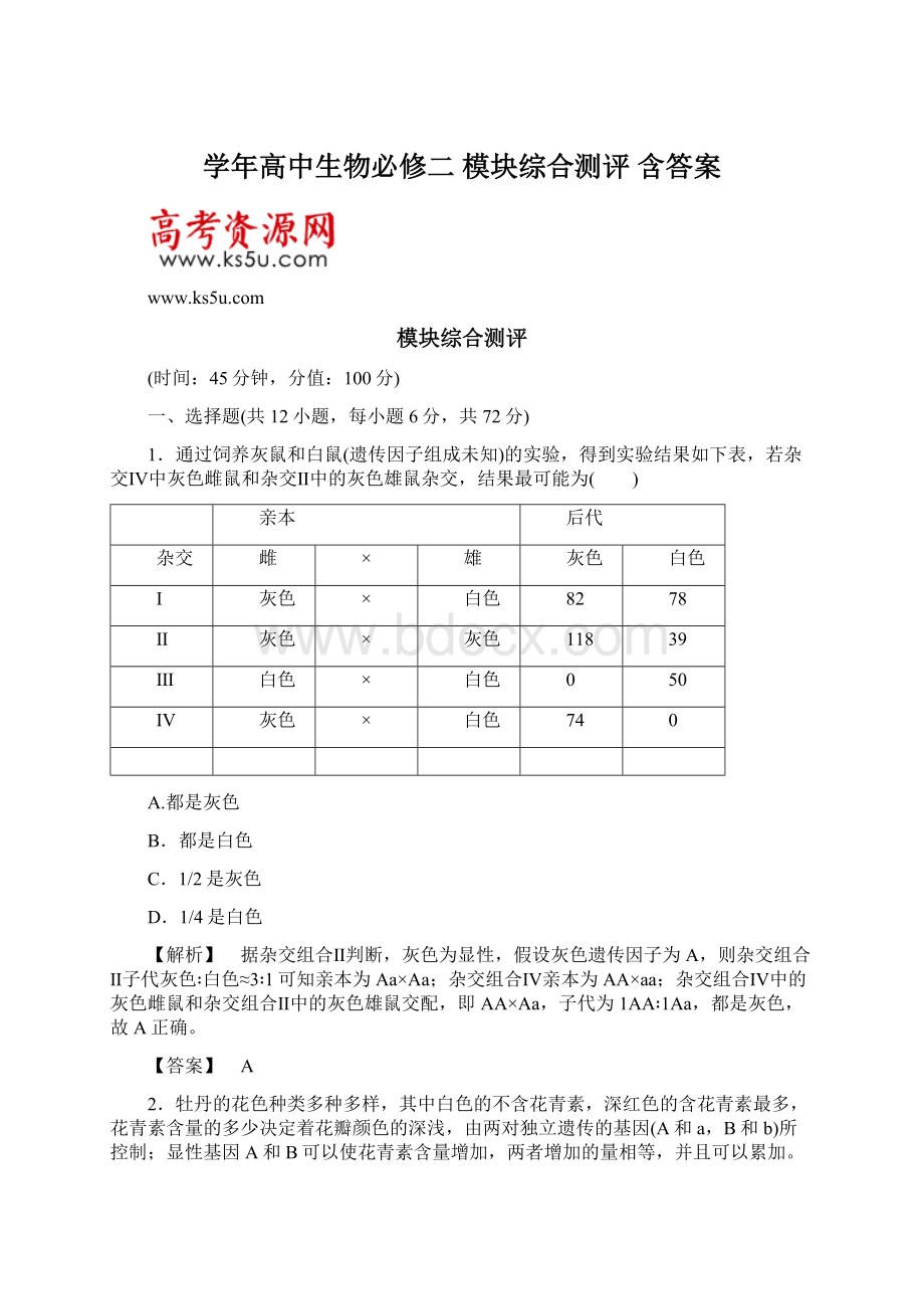 学年高中生物必修二 模块综合测评 含答案.docx