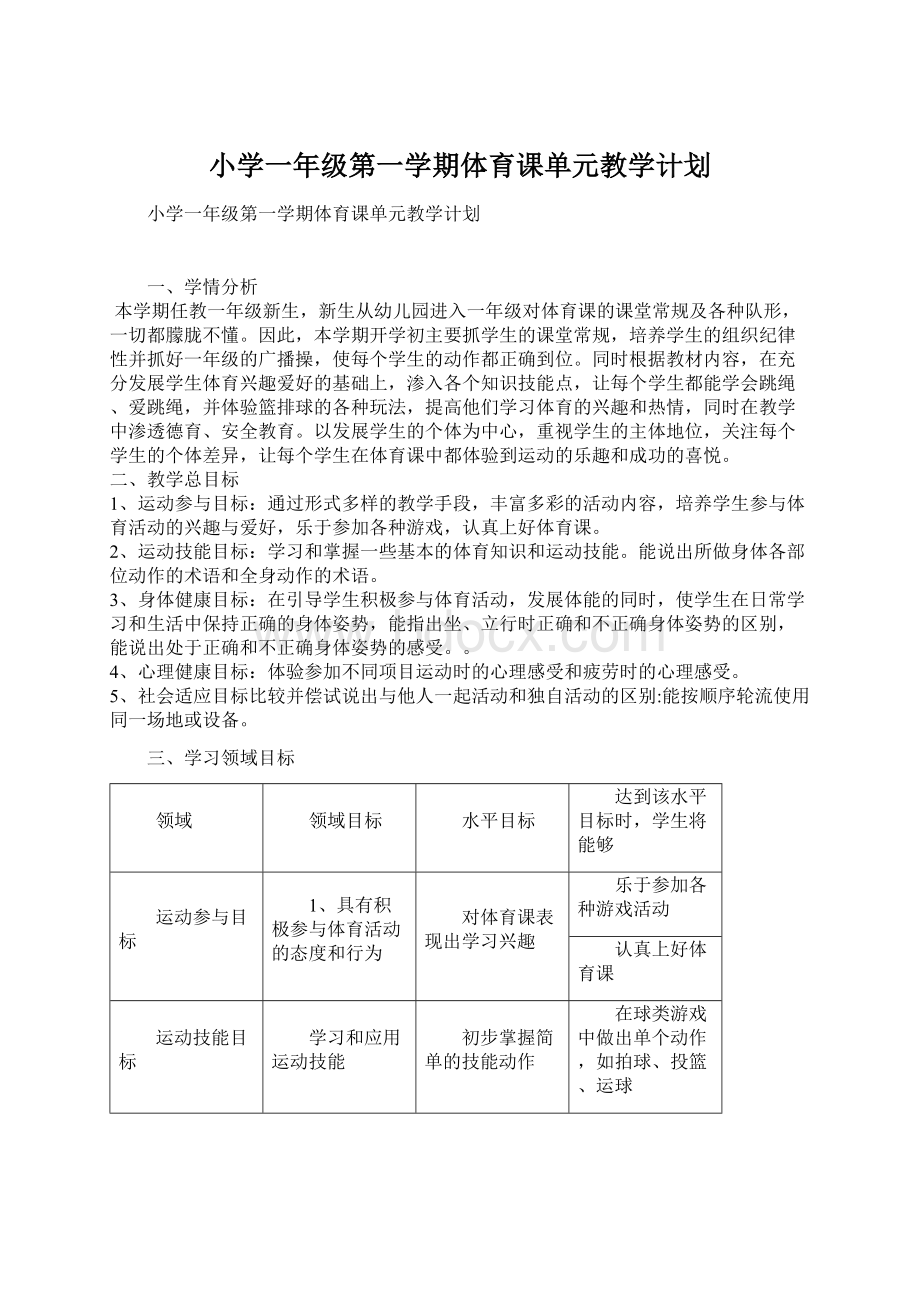 小学一年级第一学期体育课单元教学计划Word格式.docx