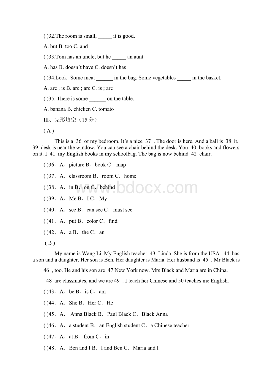 初一年级第一学期英语期中考试题一Word格式文档下载.docx_第3页