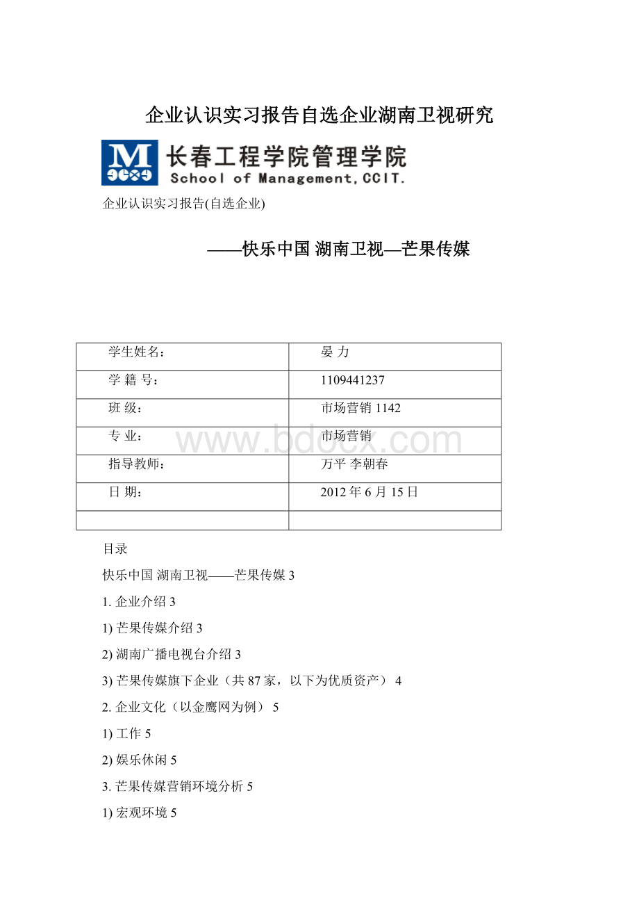 企业认识实习报告自选企业湖南卫视研究Word格式文档下载.docx