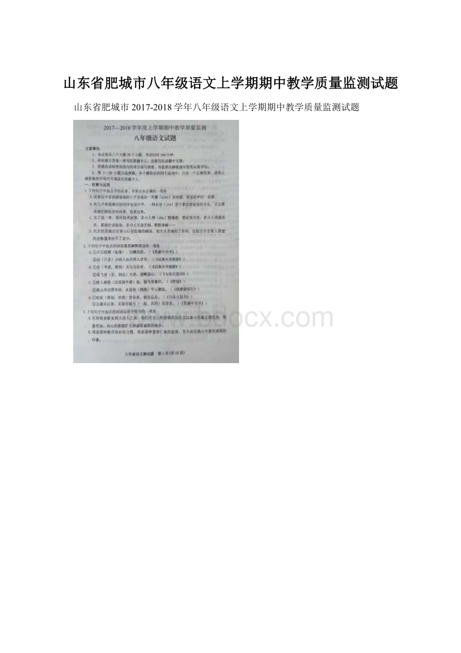 山东省肥城市八年级语文上学期期中教学质量监测试题.docx