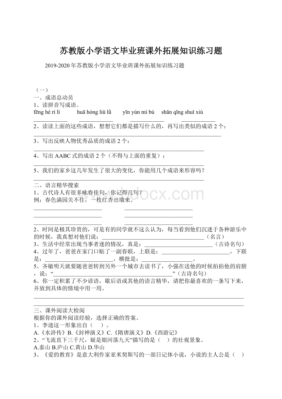 苏教版小学语文毕业班课外拓展知识练习题.docx