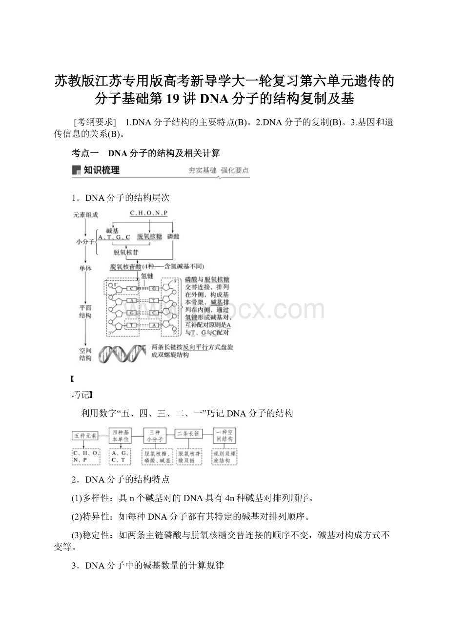 苏教版江苏专用版高考新导学大一轮复习第六单元遗传的分子基础第19讲DNA分子的结构复制及基Word文档格式.docx_第1页