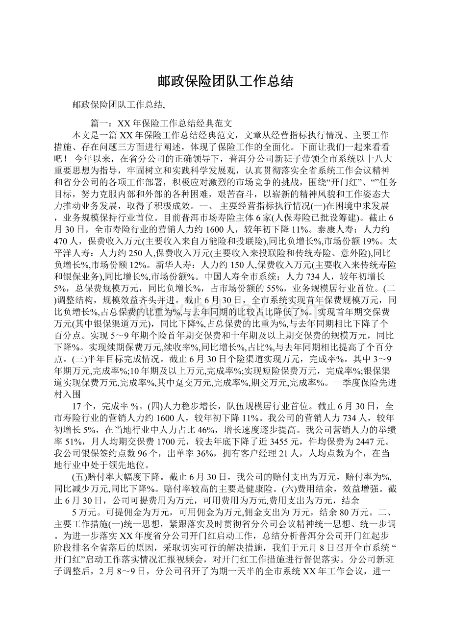 邮政保险团队工作总结文档格式.docx