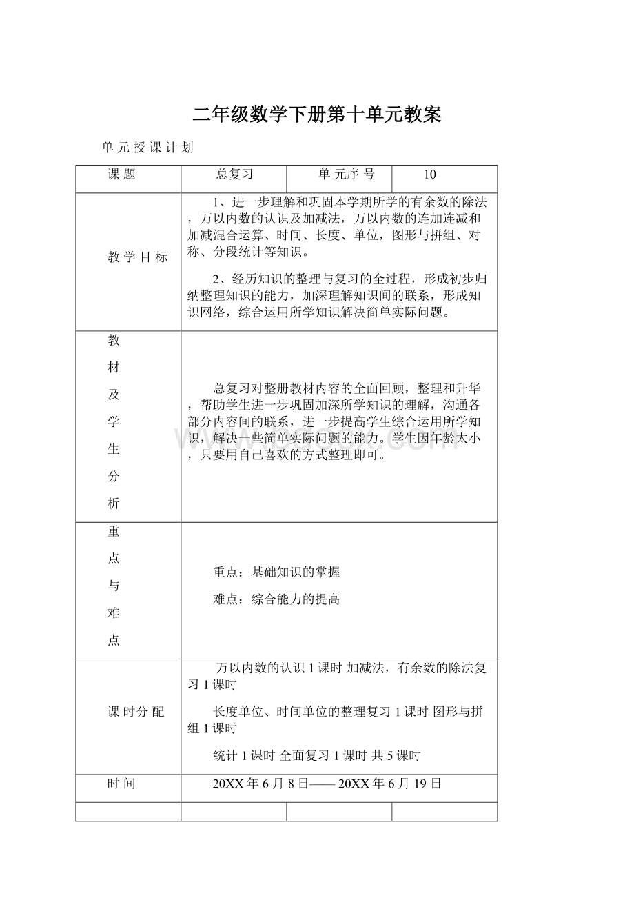 二年级数学下册第十单元教案Word文档下载推荐.docx_第1页