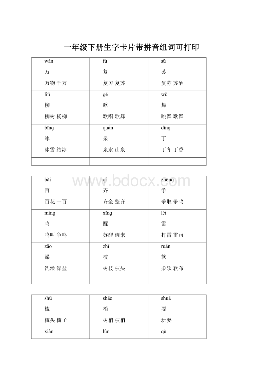 一年级下册生字卡片带拼音组词可打印.docx