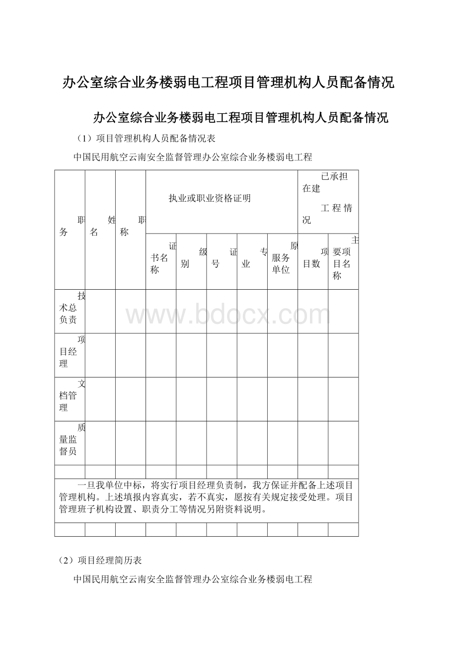 办公室综合业务楼弱电工程项目管理机构人员配备情况Word格式.docx