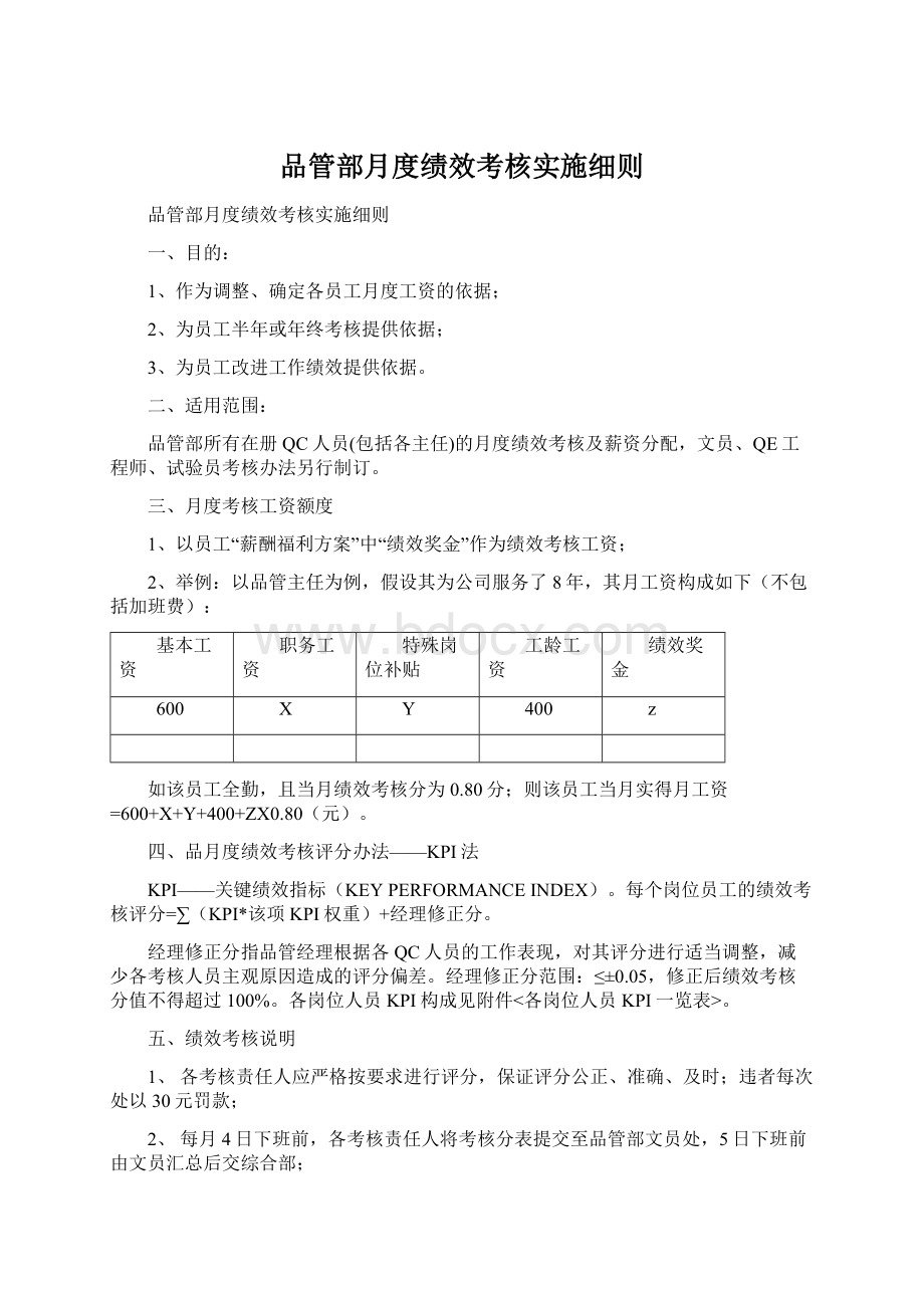 品管部月度绩效考核实施细则Word文件下载.docx_第1页