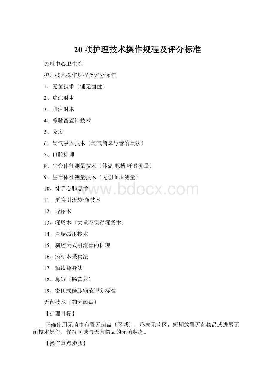 20项护理技术操作规程及评分标准Word下载.docx