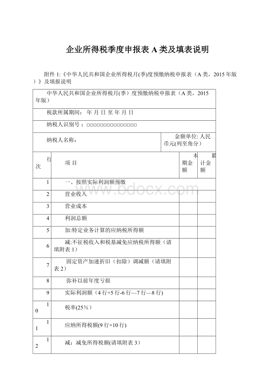 企业所得税季度申报表A类及填表说明Word下载.docx