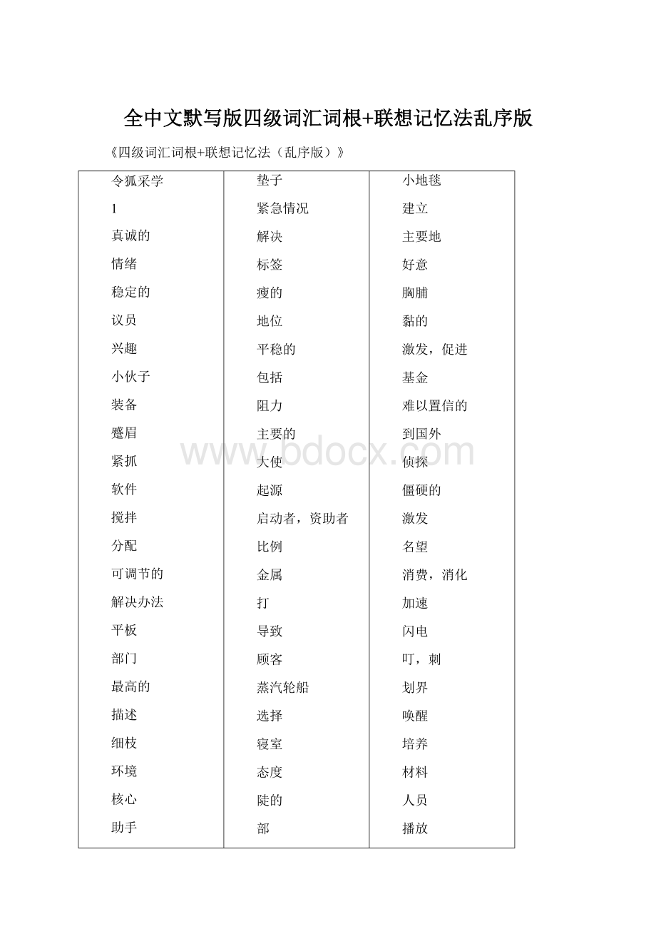 全中文默写版四级词汇词根+联想记忆法乱序版Word文件下载.docx_第1页