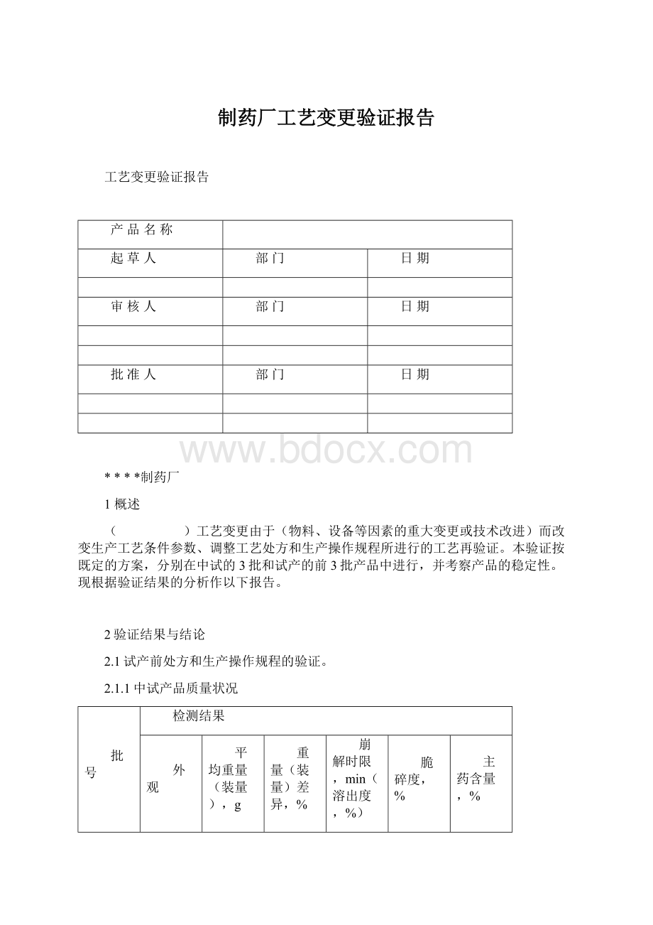 制药厂工艺变更验证报告Word文档格式.docx_第1页