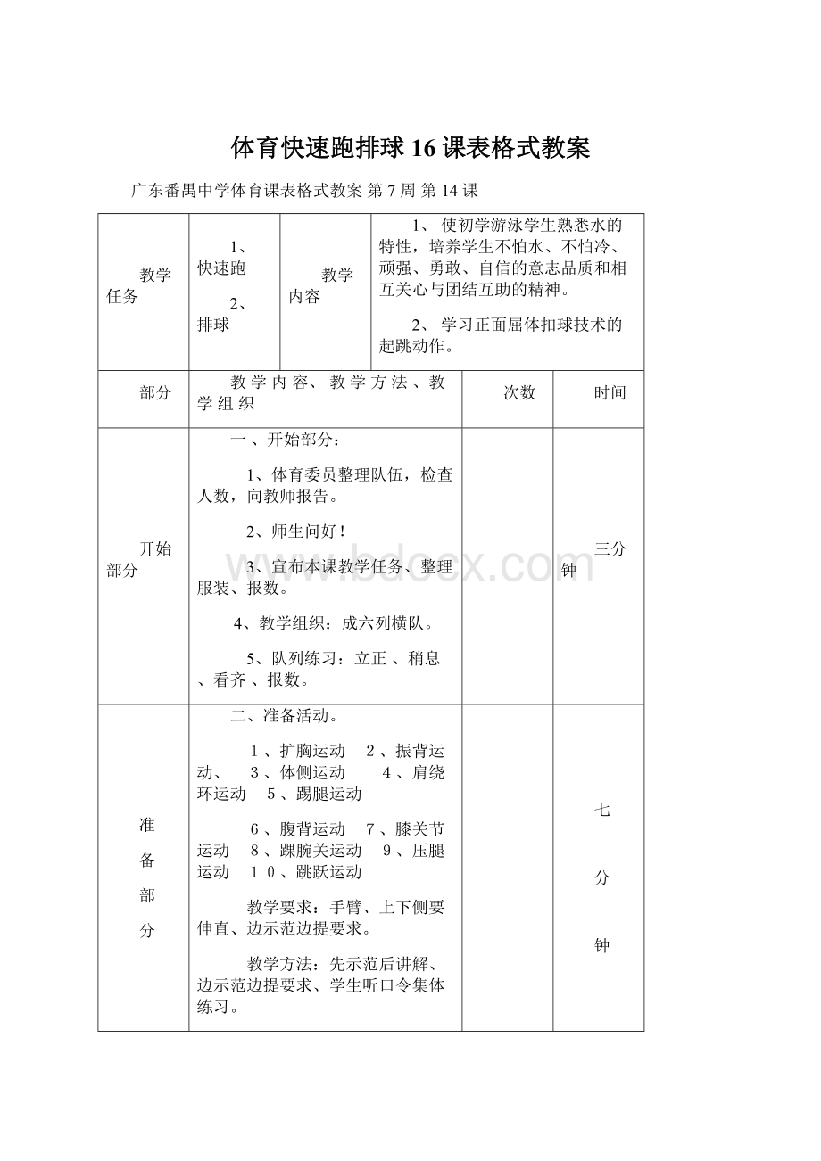 体育快速跑排球16课表格式教案Word文件下载.docx