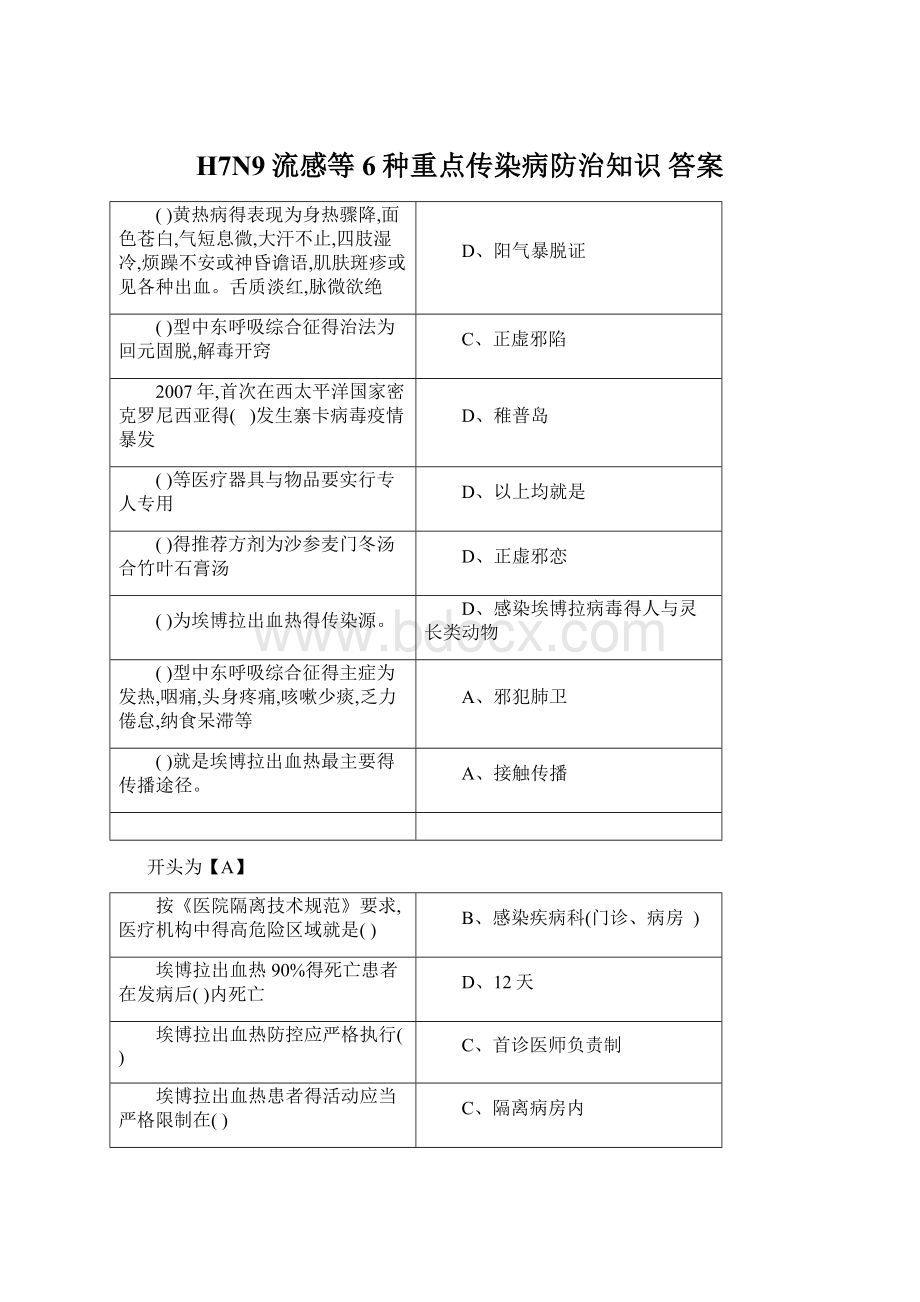 H7N9流感等6种重点传染病防治知识 答案.docx