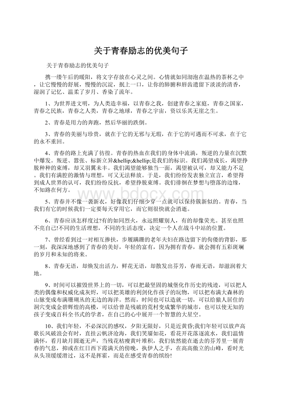 关于青春励志的优美句子Word格式.docx