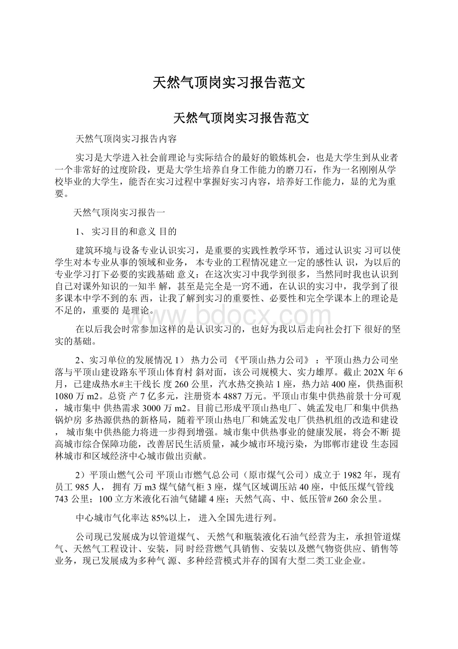 天然气顶岗实习报告范文.docx_第1页