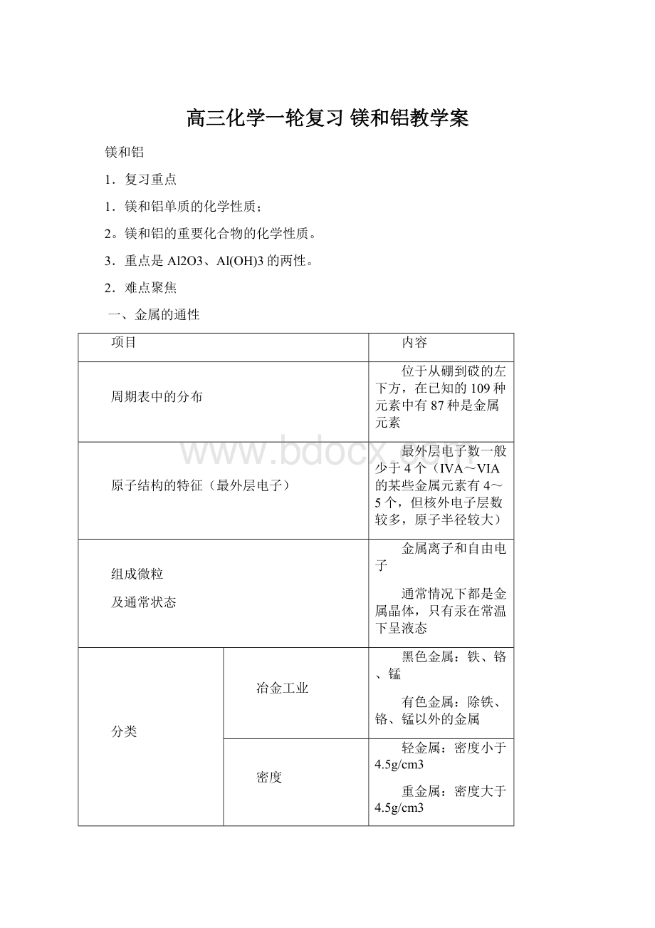 高三化学一轮复习 镁和铝教学案Word文档格式.docx