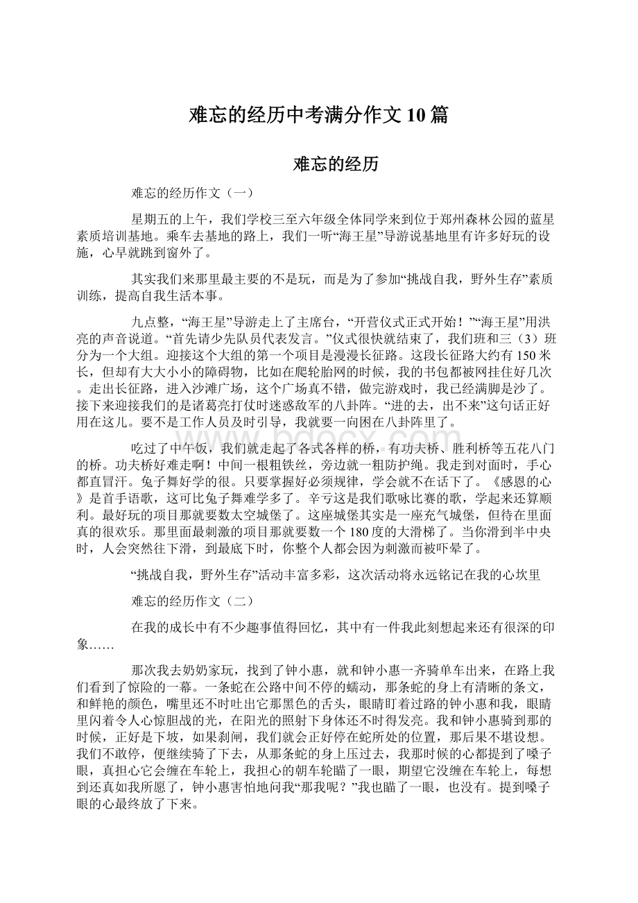 难忘的经历中考满分作文10篇.docx_第1页