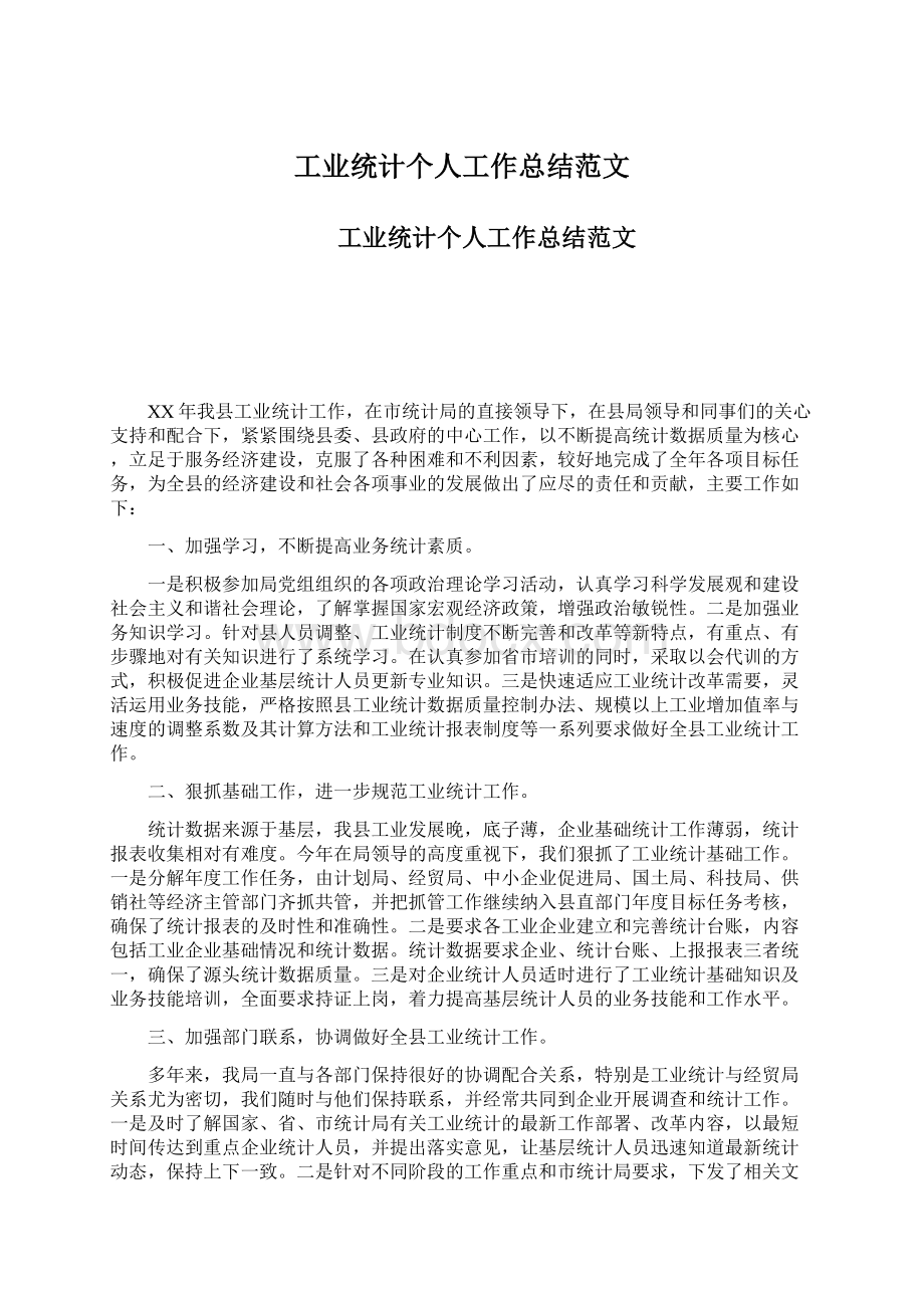 工业统计个人工作总结范文Word文档下载推荐.docx_第1页