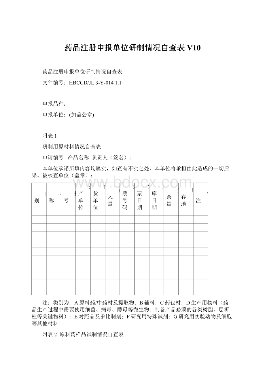 药品注册申报单位研制情况自查表V10.docx