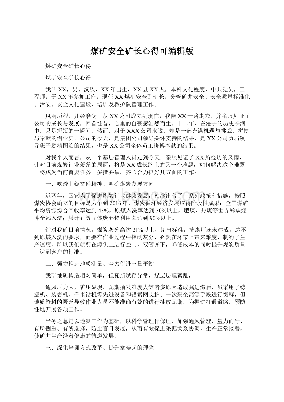 煤矿安全矿长心得可编辑版Word格式.docx