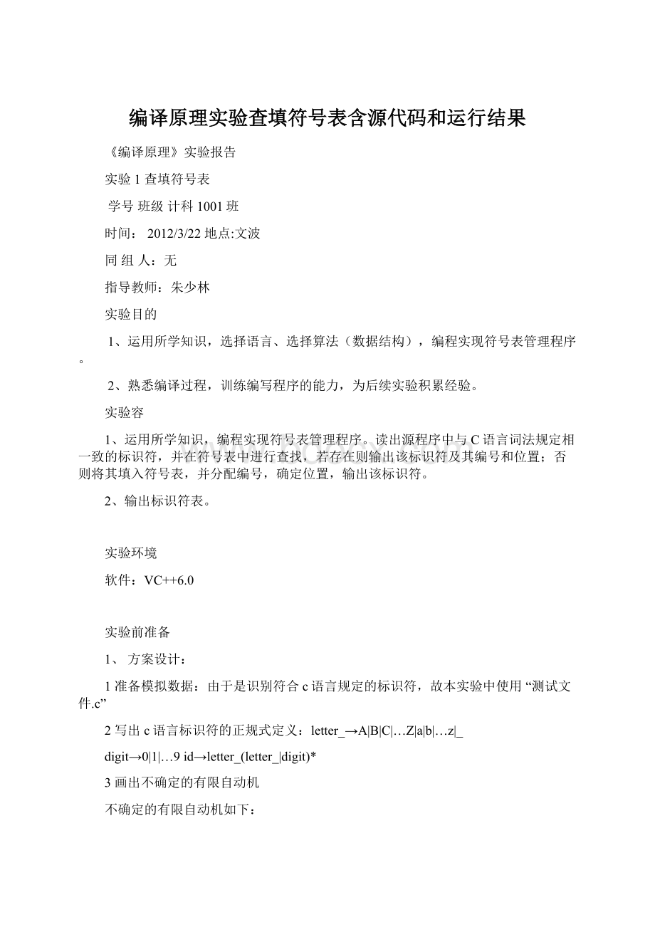 编译原理实验查填符号表含源代码和运行结果.docx_第1页