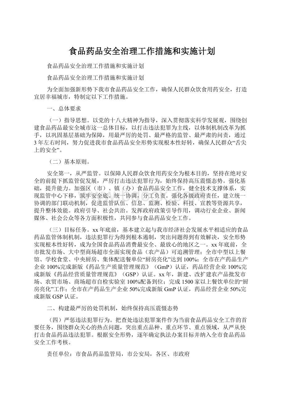 食品药品安全治理工作措施和实施计划文档格式.docx