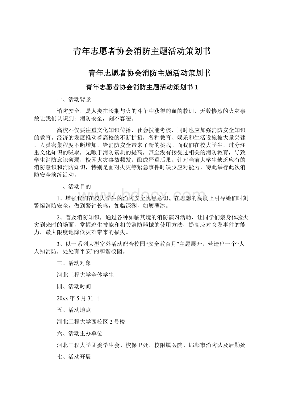 青年志愿者协会消防主题活动策划书Word格式.docx