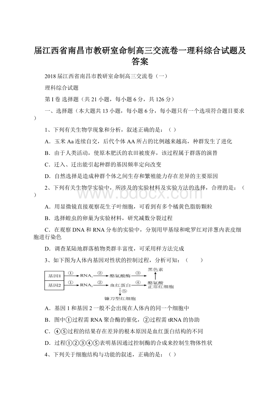 届江西省南昌市教研室命制高三交流卷一理科综合试题及答案Word文件下载.docx_第1页