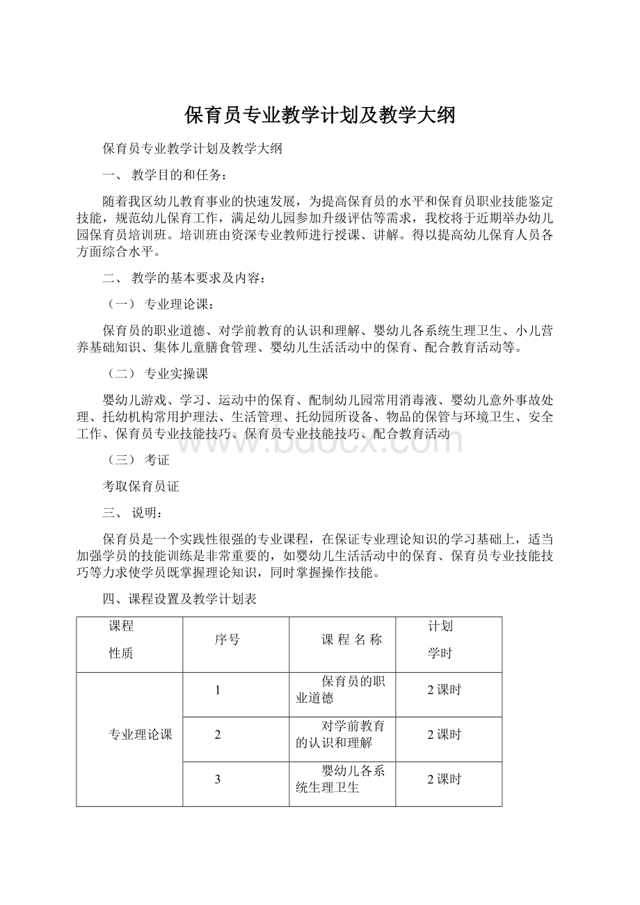 保育员专业教学计划及教学大纲文档格式.docx_第1页