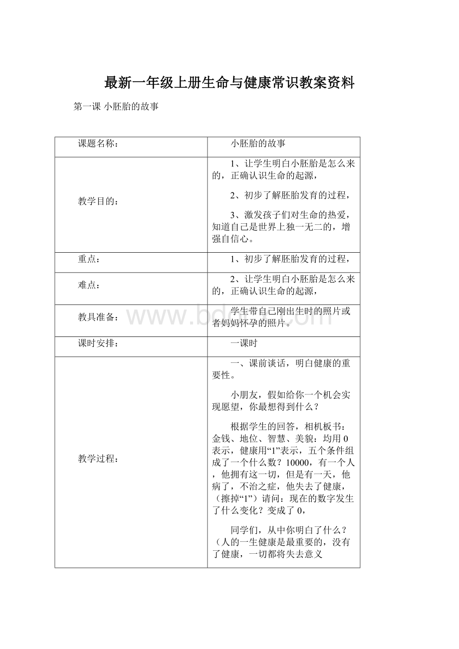 最新一年级上册生命与健康常识教案资料.docx