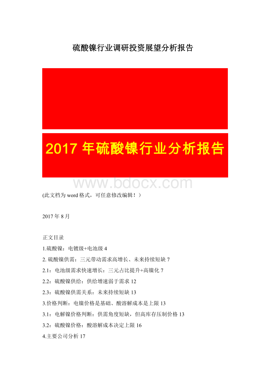 硫酸镍行业调研投资展望分析报告Word格式文档下载.docx_第1页