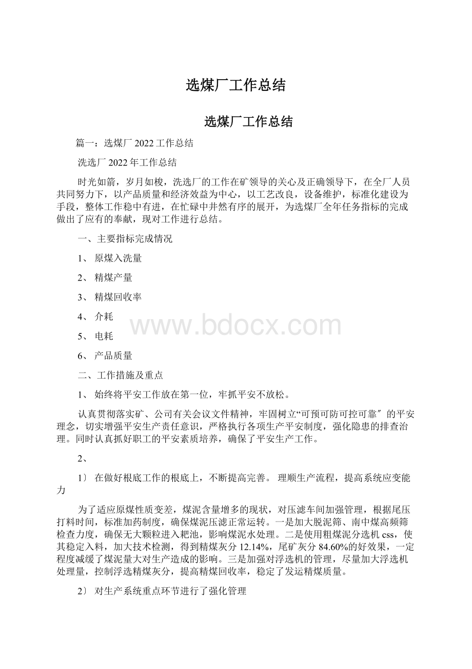 选煤厂工作总结.docx