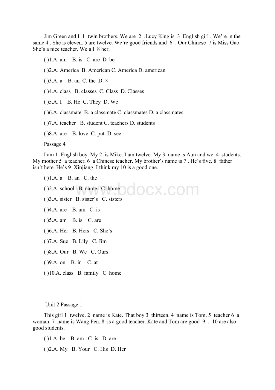 初一七年级英语完形填空100篇Word文档格式.docx_第2页