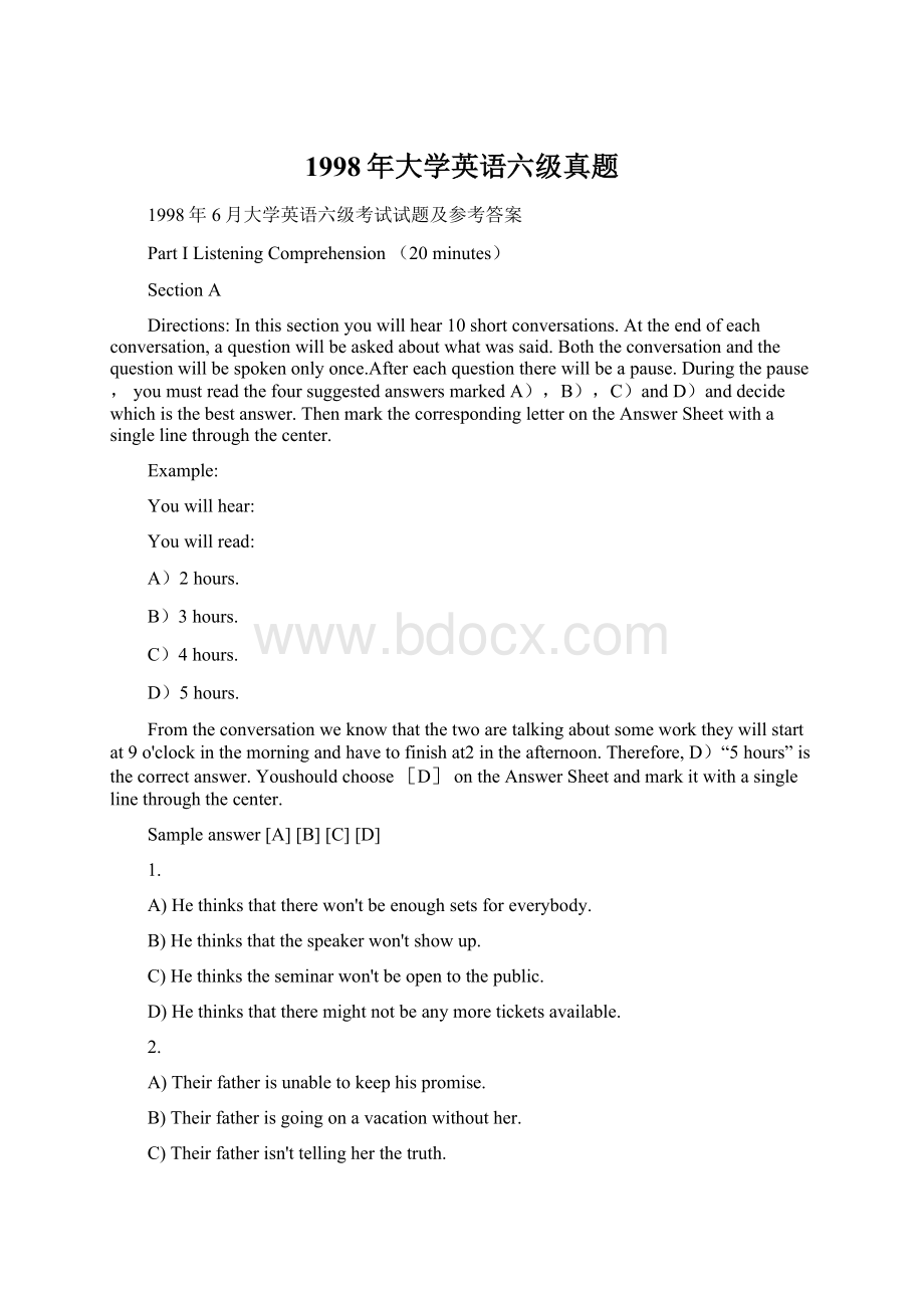 1998年大学英语六级真题Word格式文档下载.docx