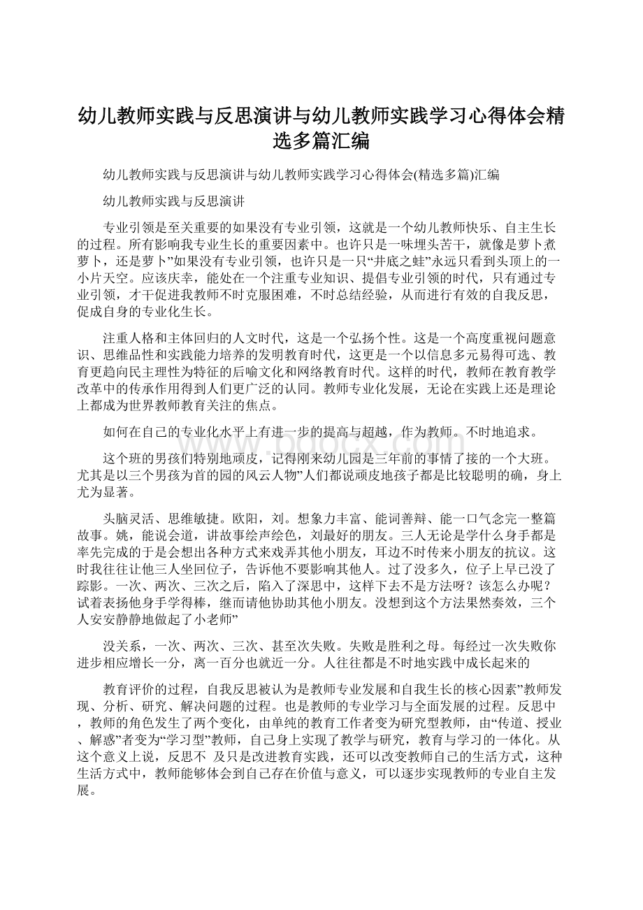 幼儿教师实践与反思演讲与幼儿教师实践学习心得体会精选多篇汇编Word格式文档下载.docx_第1页