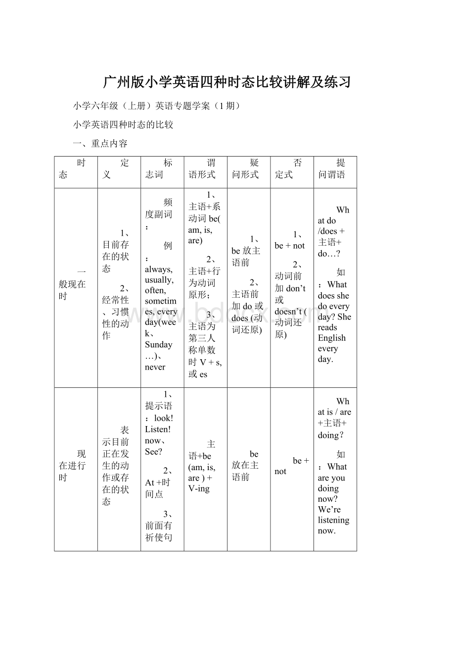 广州版小学英语四种时态比较讲解及练习.docx