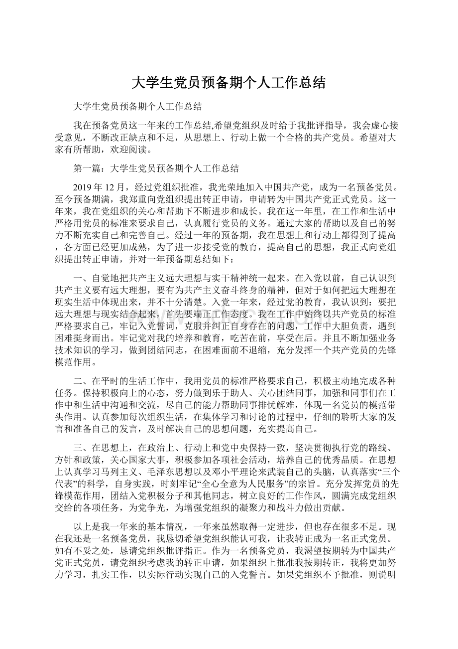 大学生党员预备期个人工作总结文档格式.docx