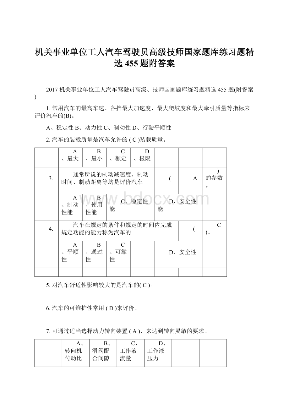 机关事业单位工人汽车驾驶员高级技师国家题库练习题精选455题附答案Word下载.docx_第1页