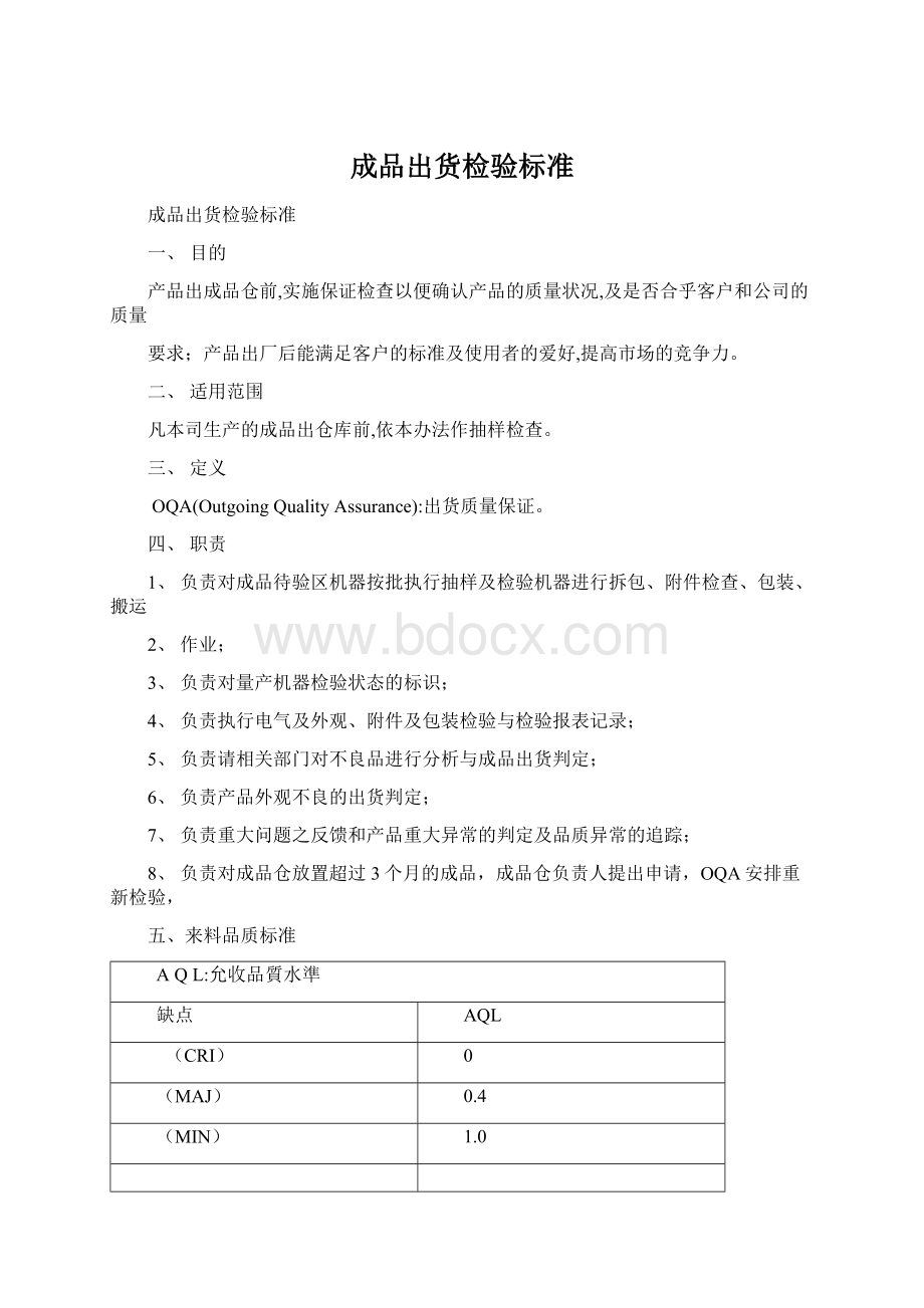 成品出货检验标准Word文档下载推荐.docx_第1页