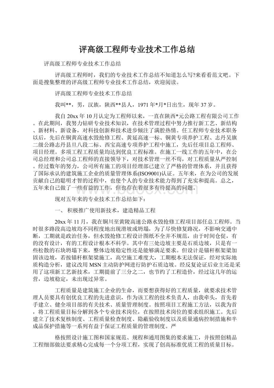 评高级工程师专业技术工作总结.docx_第1页