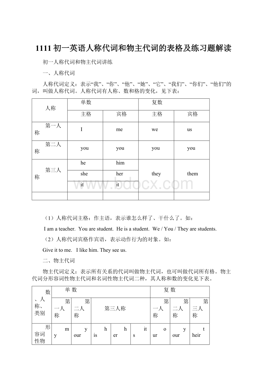 1111初一英语人称代词和物主代词的表格及练习题解读.docx