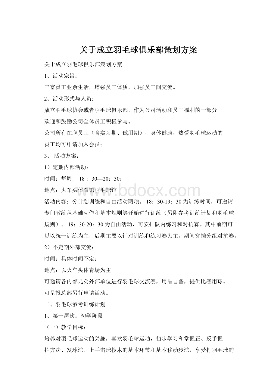 关于成立羽毛球俱乐部策划方案Word文件下载.docx_第1页