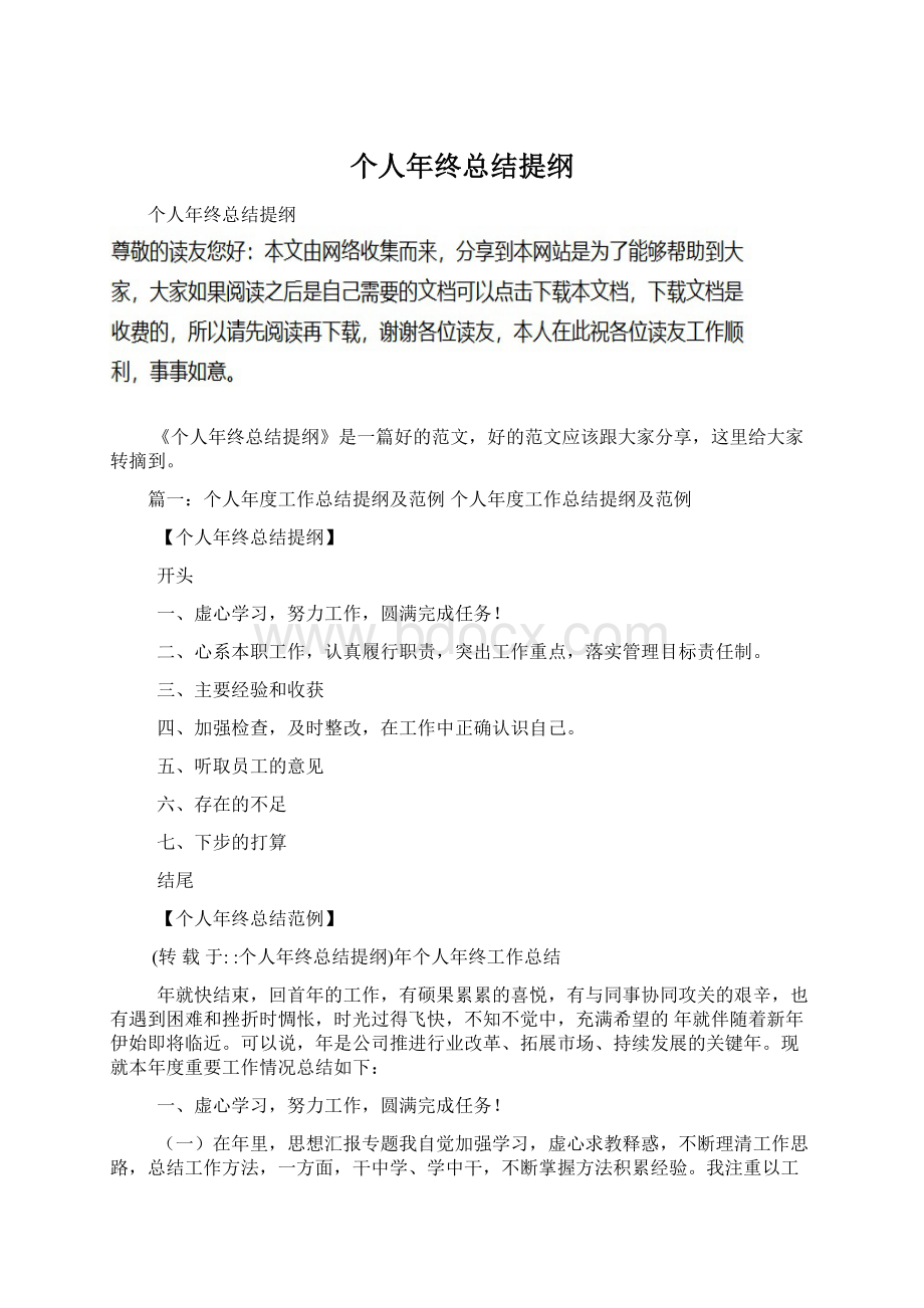 个人年终总结提纲Word文档格式.docx