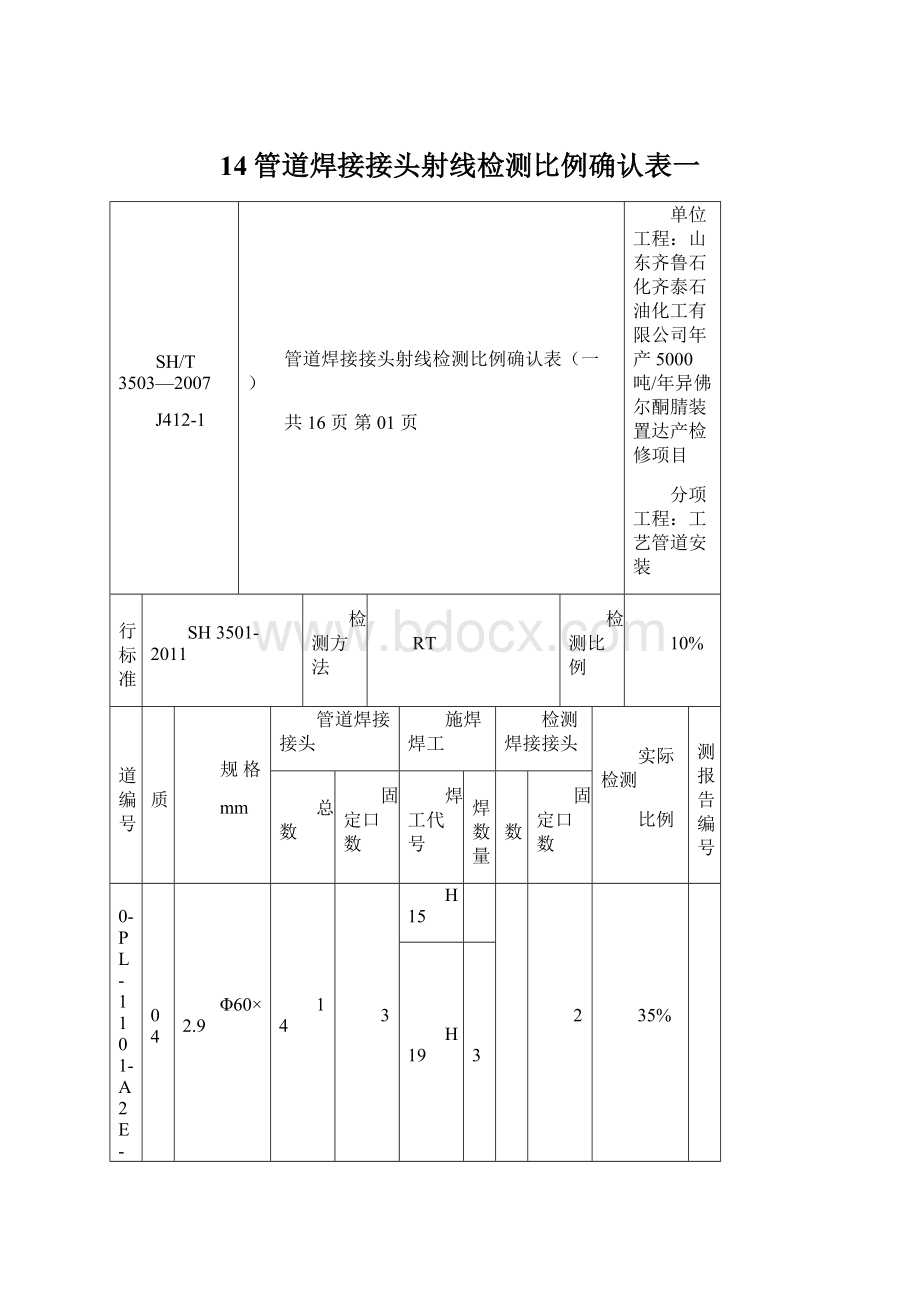 14管道焊接接头射线检测比例确认表一Word格式.docx_第1页