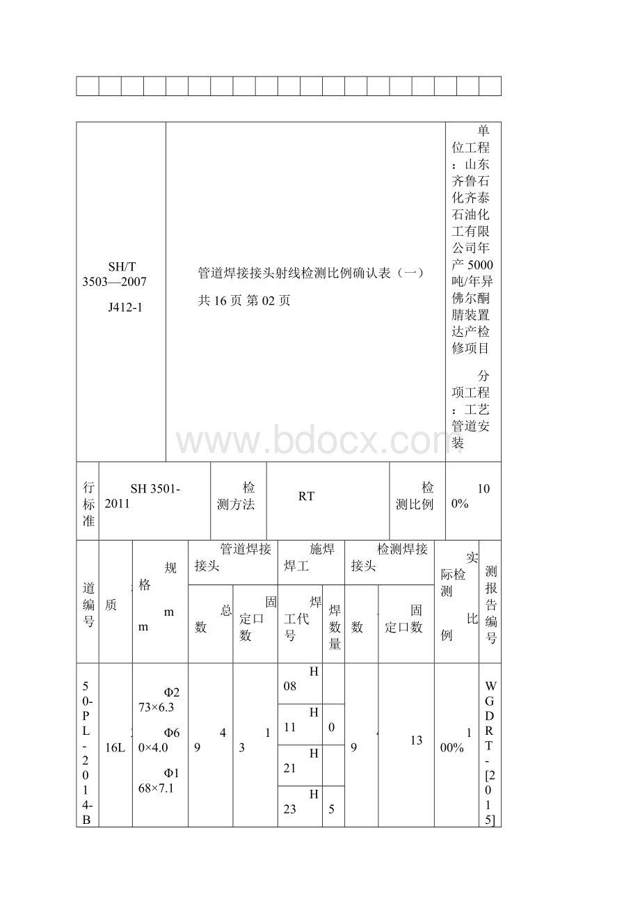 14管道焊接接头射线检测比例确认表一Word格式.docx_第3页