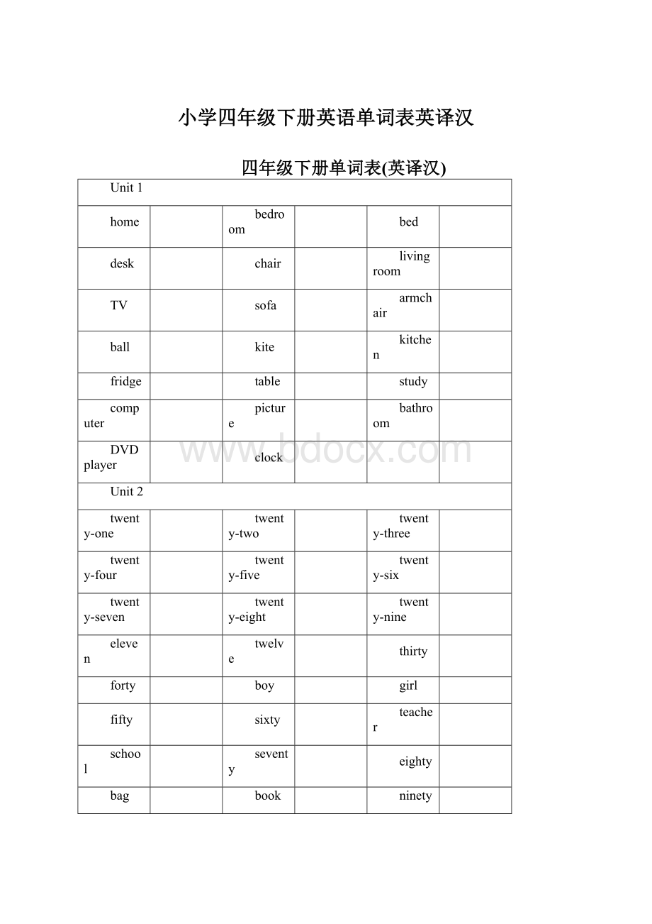 小学四年级下册英语单词表英译汉Word文档下载推荐.docx