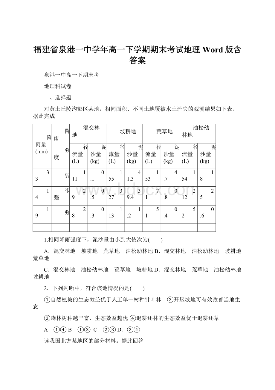 福建省泉港一中学年高一下学期期末考试地理 Word版含答案.docx